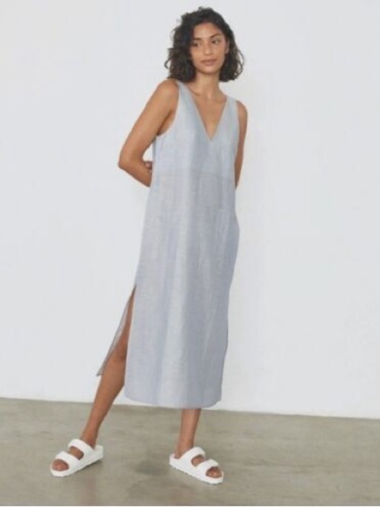 lunya Dresses & Skirts - Lunya Linen Silk Double V Midi Dress Blue Pinstripe